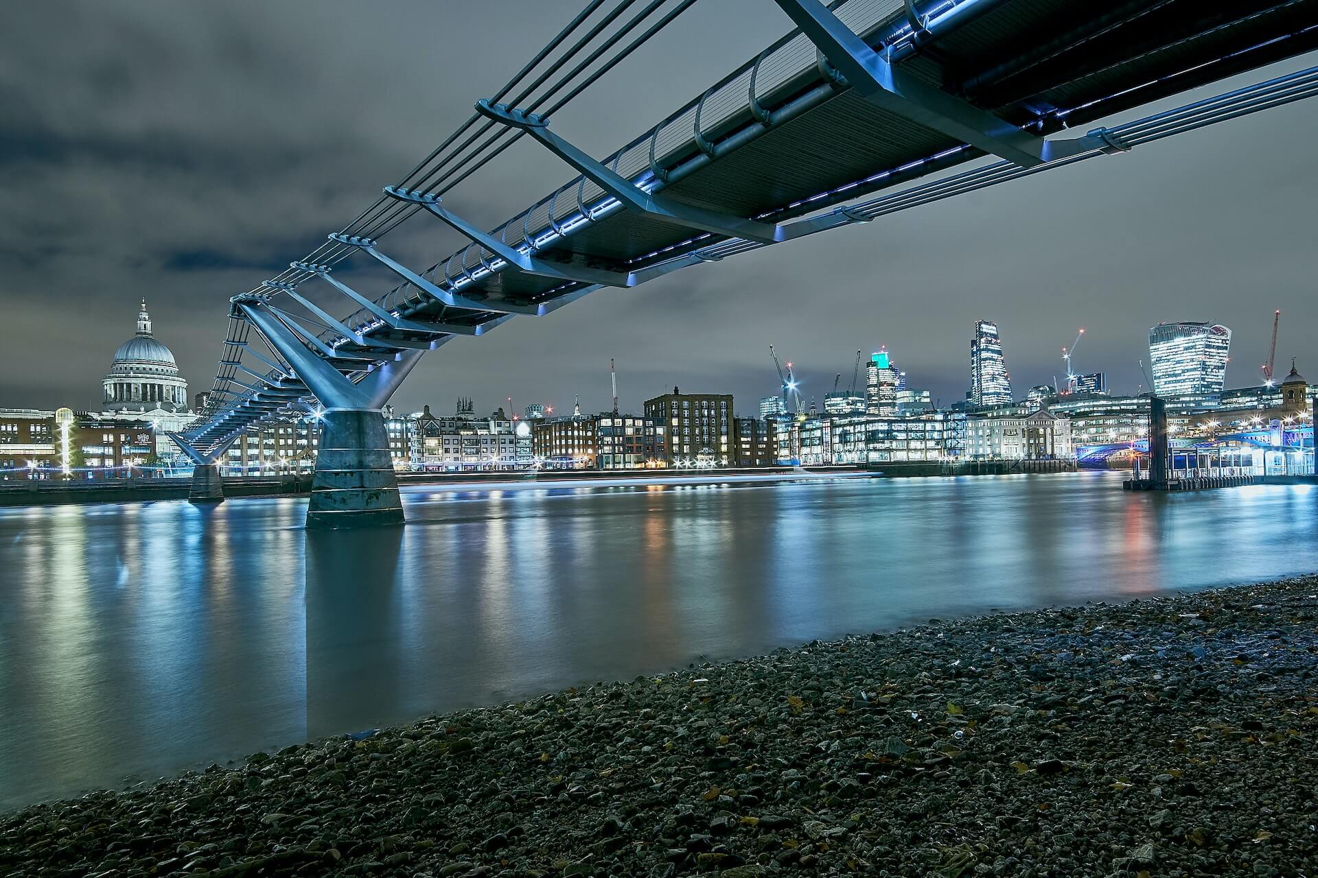 Looking out towards the City of London with the Millennium Bridge in the foreground